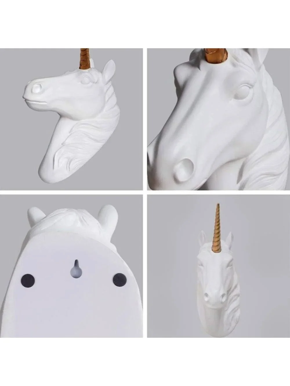 White Unicorn Head Wall Mount Sculpture with Gold Horn - Faux Resin Decor